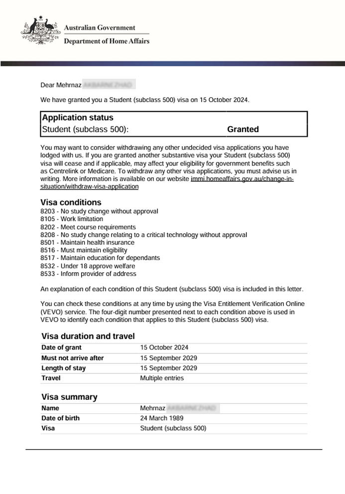 نمونه کار ویزای تحصیلی