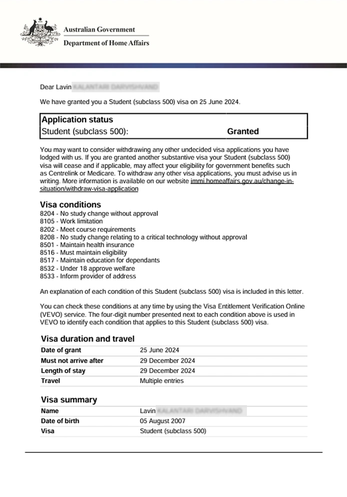 نمونه کار ویزای تحصیلی